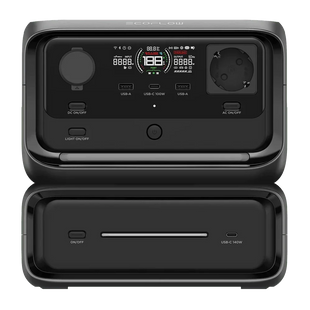 Vista da fronte della Power Bank con Presa Elettrica, una batteria modulare con batteria aggiuntiva perfetta per campeggio