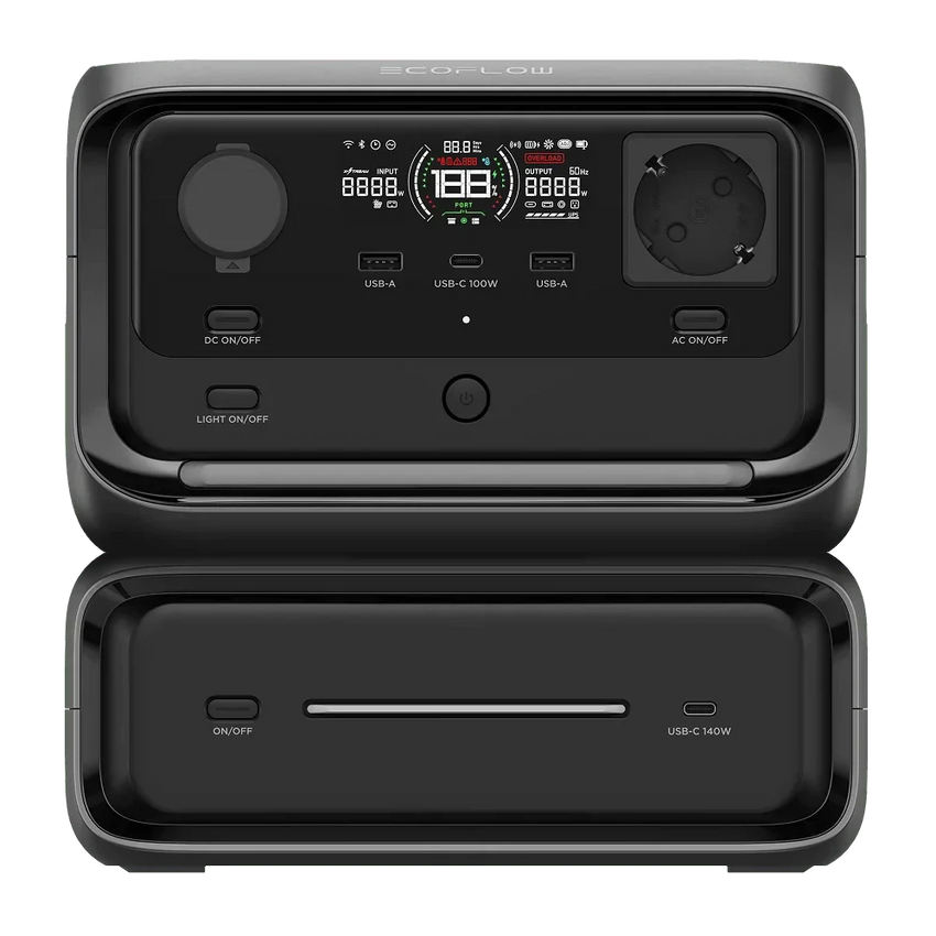 Vista da fronte della Power Bank con Presa Elettrica, una batteria modulare con batteria aggiuntiva perfetta per campeggio